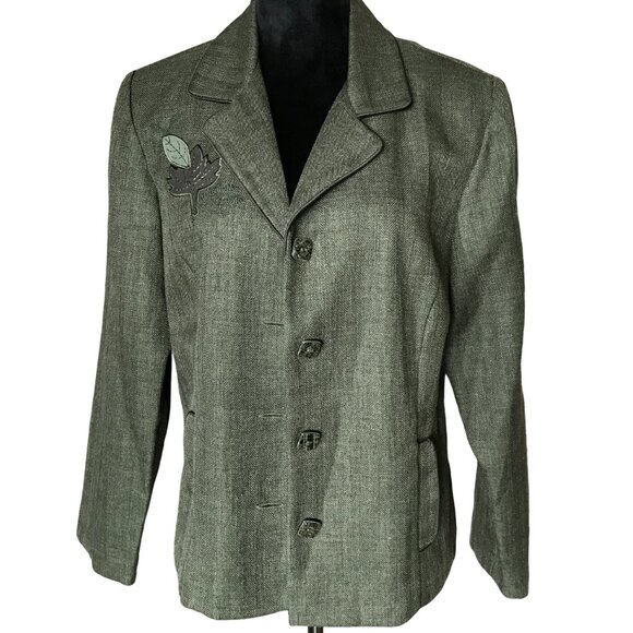 Sag Harbor Blazer: Lightweight 90s Autumn Embroidered Leaf Olive Green, Size 12 - Picture 1 of 11